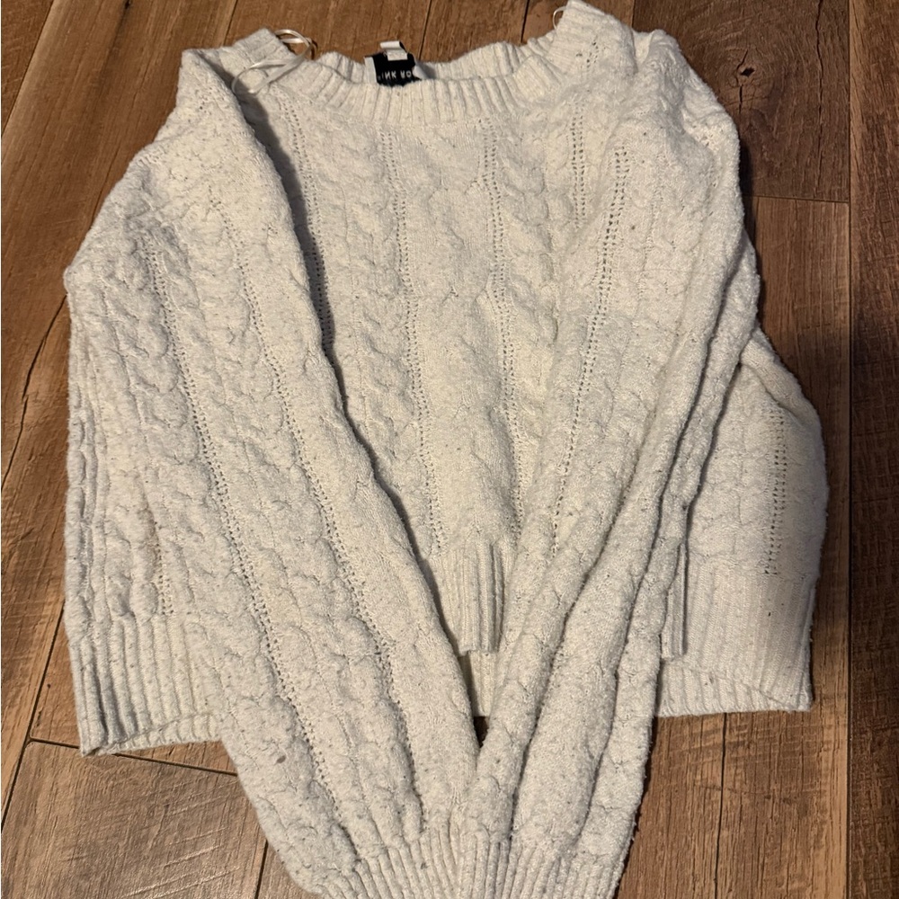 Pink Rose Cream Crew Neck Cable Knit Sweater